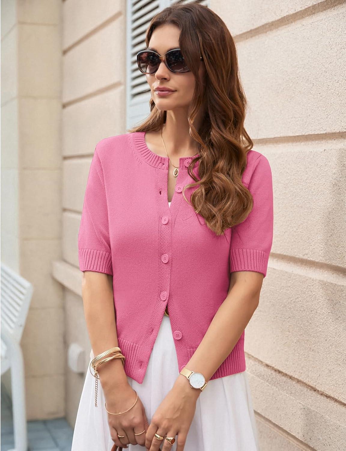 imageGRACE KARIN Womens Casual Short Sleeve Cardigan Lightweight Summer Cardigan Sweater 2026 Button Up Cropped Shrug SweaterBright Pink