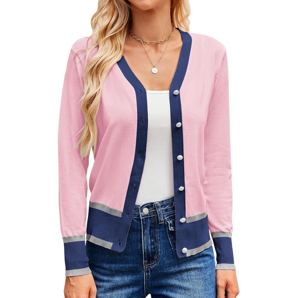 imageGRACE KARIN Cardigan Sweaters for Women Lightweight Long Sleeve Cropped Cardigan Spring Summer Fashion Clothing Outfits ShrugPink Navy