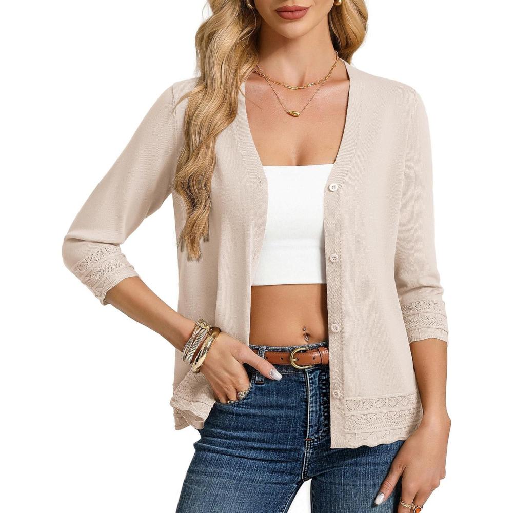imageGRACE KARIN Cardigans for Women Trendy 34 Sleeve Lightweight Cardigan Spring Button Down Sweater Tops 2026Beige