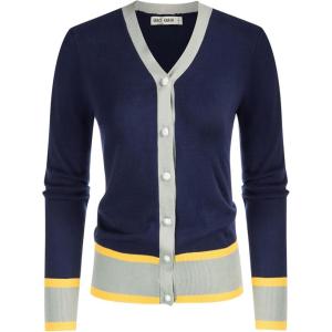 GRACE KARIN Cardigan Sweaters for Women Lightweight Long Sleeve Cropped Cardigan Spring Summer Fashion Clothing Outfits Shrug(Contrast Dark Blue)
