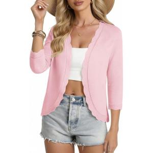 GRACE KARIN Women Lightweight Summer Cardigans 3/4 Sleeve Cropped Cardigan Sweaters Open Front Bolero Shrug(Pink)
