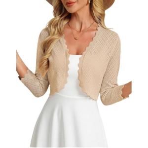 GRACE KARIN Womens 2026 Bolero Shrug 3/4 Sleeve Crochet Cropped Cardigan Open Front Knit Shrugs for Dresses(Apricot)