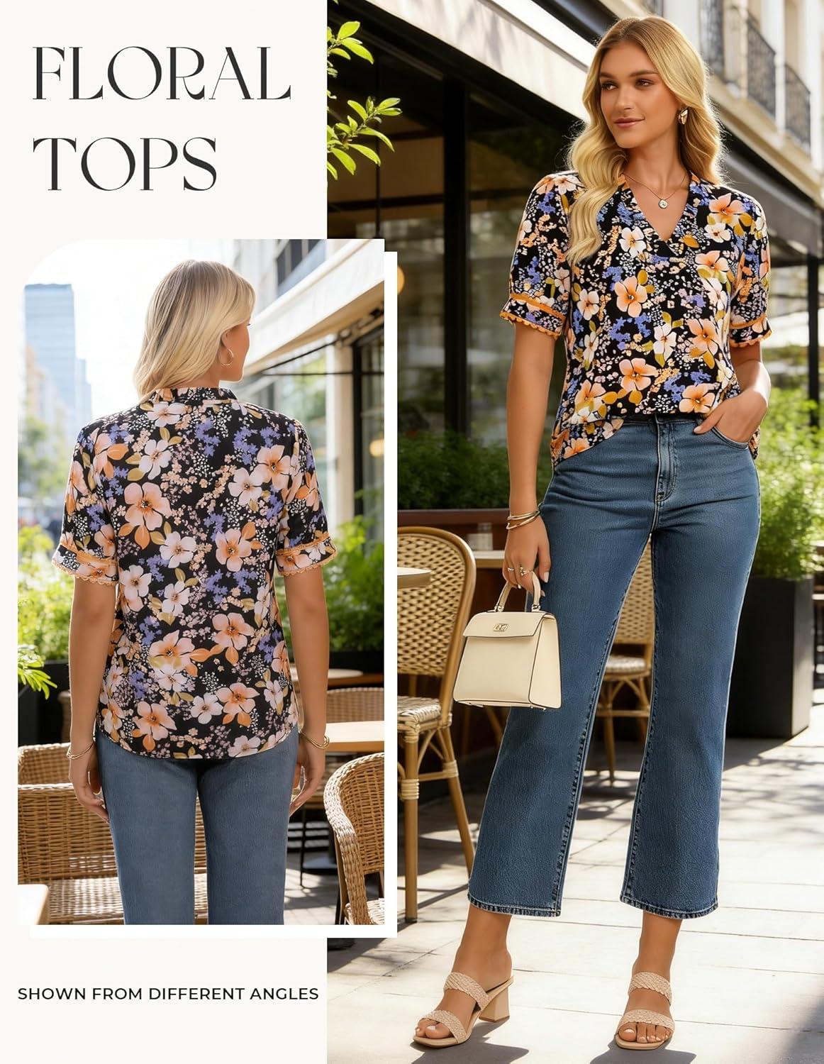 imageGRACE KARIN Women Boho Floral Tops Summer Puff Short Sleeve Dressy Casual Shirts 2026 Spring V Neck Vacation Work BlouseOrange Black
