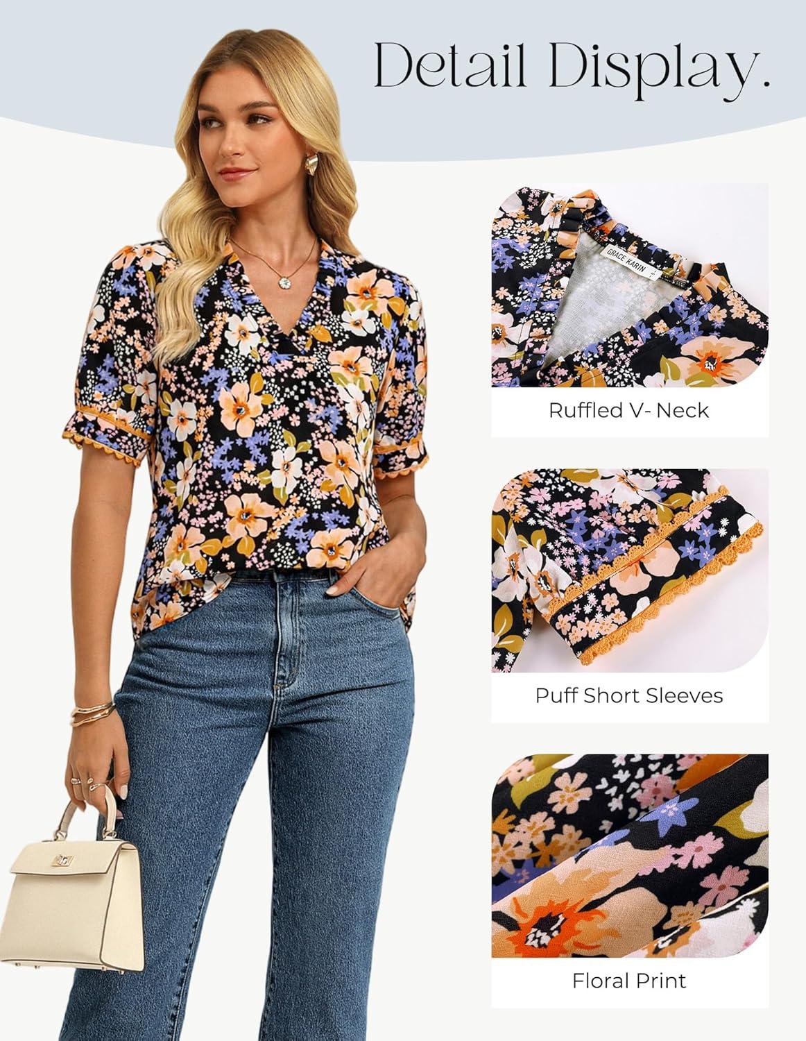 imageGRACE KARIN Women Boho Floral Tops Summer Puff Short Sleeve Dressy Casual Shirts 2026 Spring V Neck Vacation Work BlouseOrange Black