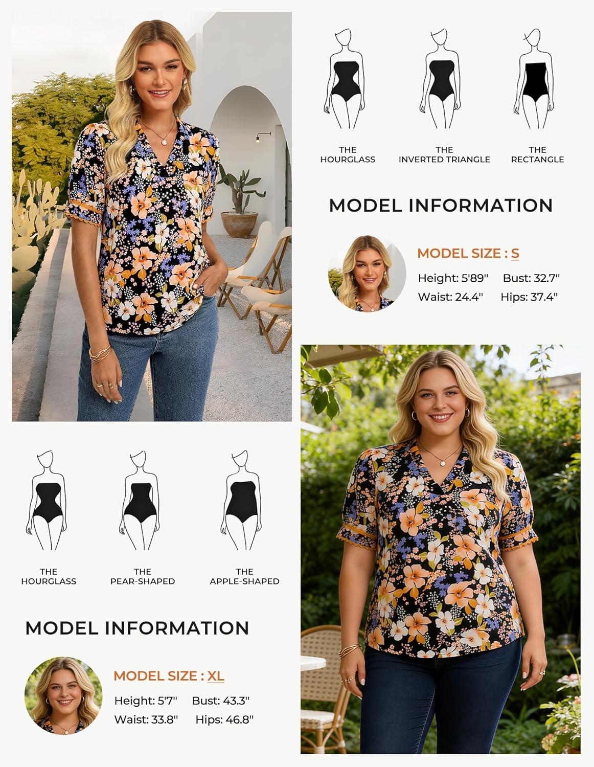 imageGRACE KARIN Women Boho Floral Tops Summer Puff Short Sleeve Dressy Casual Shirts 2026 Spring V Neck Vacation Work BlouseOrange Black