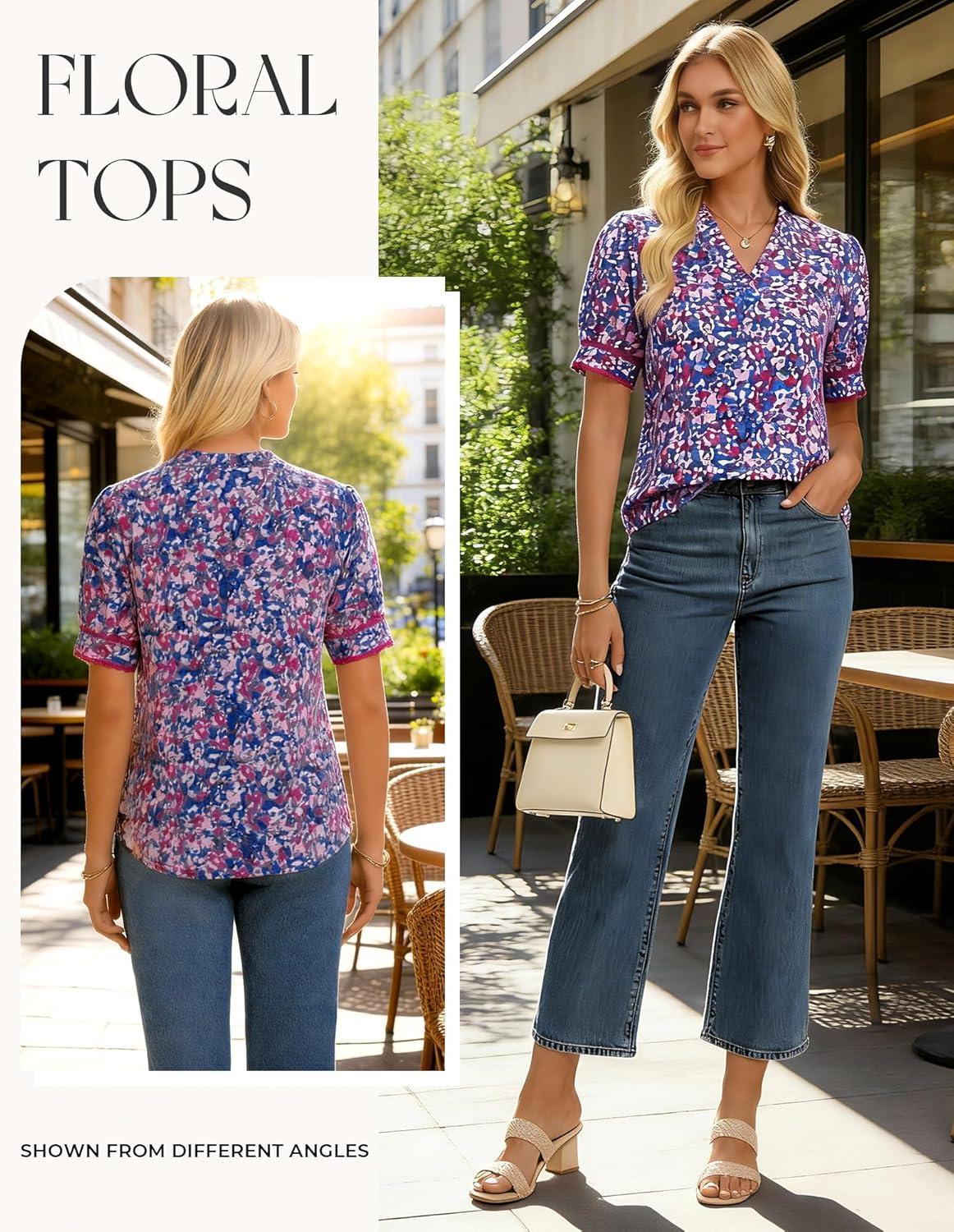 imageGRACE KARIN Women Boho Floral Tops Summer Puff Short Sleeve Dressy Casual Shirts 2026 Spring V Neck Vacation Work BlousePurple Floral