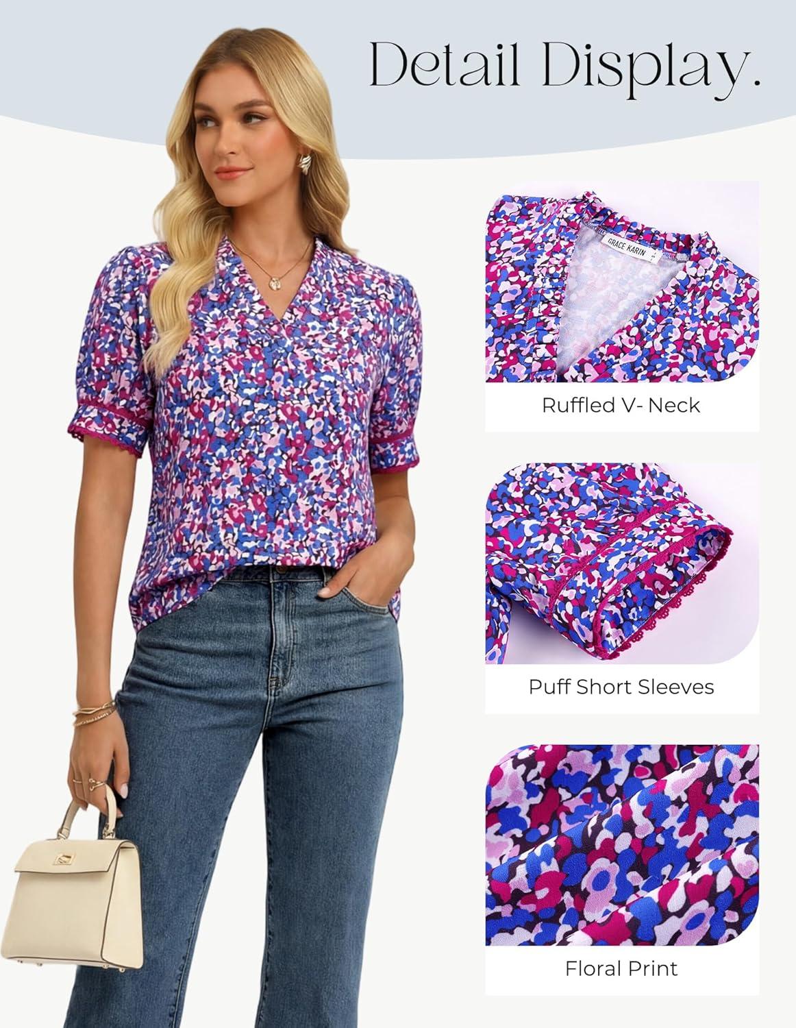 imageGRACE KARIN Women Boho Floral Tops Summer Puff Short Sleeve Dressy Casual Shirts 2026 Spring V Neck Vacation Work BlousePurple Floral