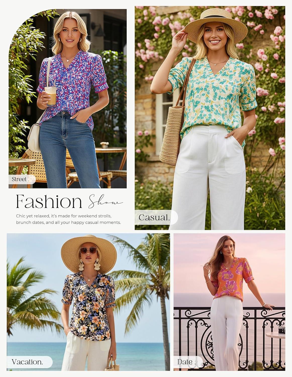imageGRACE KARIN Women Boho Floral Tops Summer Puff Short Sleeve Dressy Casual Shirts 2026 Spring V Neck Vacation Work BlousePurple Floral