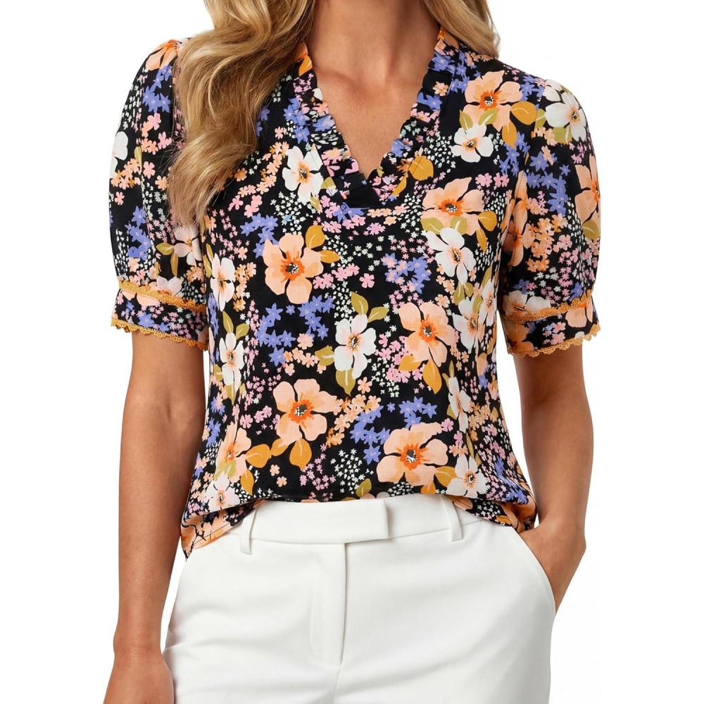 imageGRACE KARIN Women Boho Floral Tops Summer Puff Short Sleeve Dressy Casual Shirts 2026 Spring V Neck Vacation Work BlouseOrange Black
