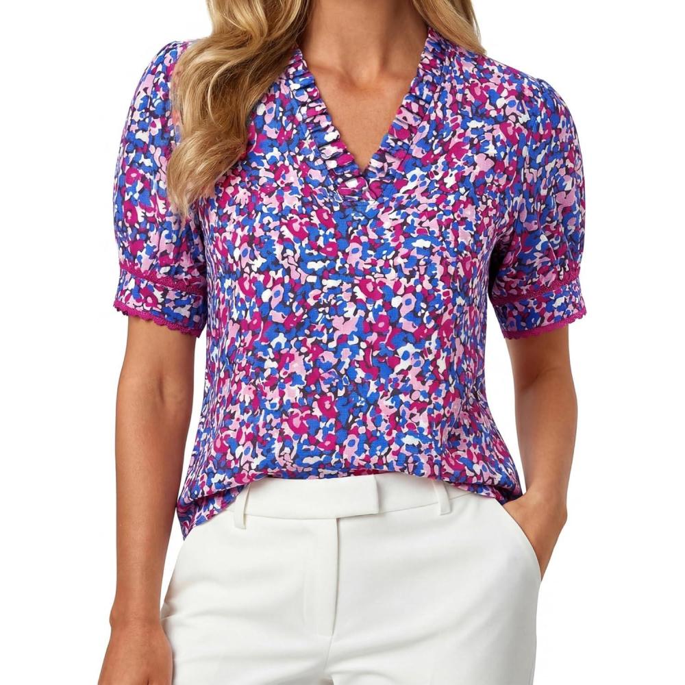 imageGRACE KARIN Women Boho Floral Tops Summer Puff Short Sleeve Dressy Casual Shirts 2026 Spring V Neck Vacation Work BlousePurple Floral