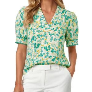 GRACE KARIN Women Boho Floral Tops, Summer Puff Short Sleeve Dressy Casual Shirts, 2026 Spring V Neck Vacation Work Blouse(Green White)