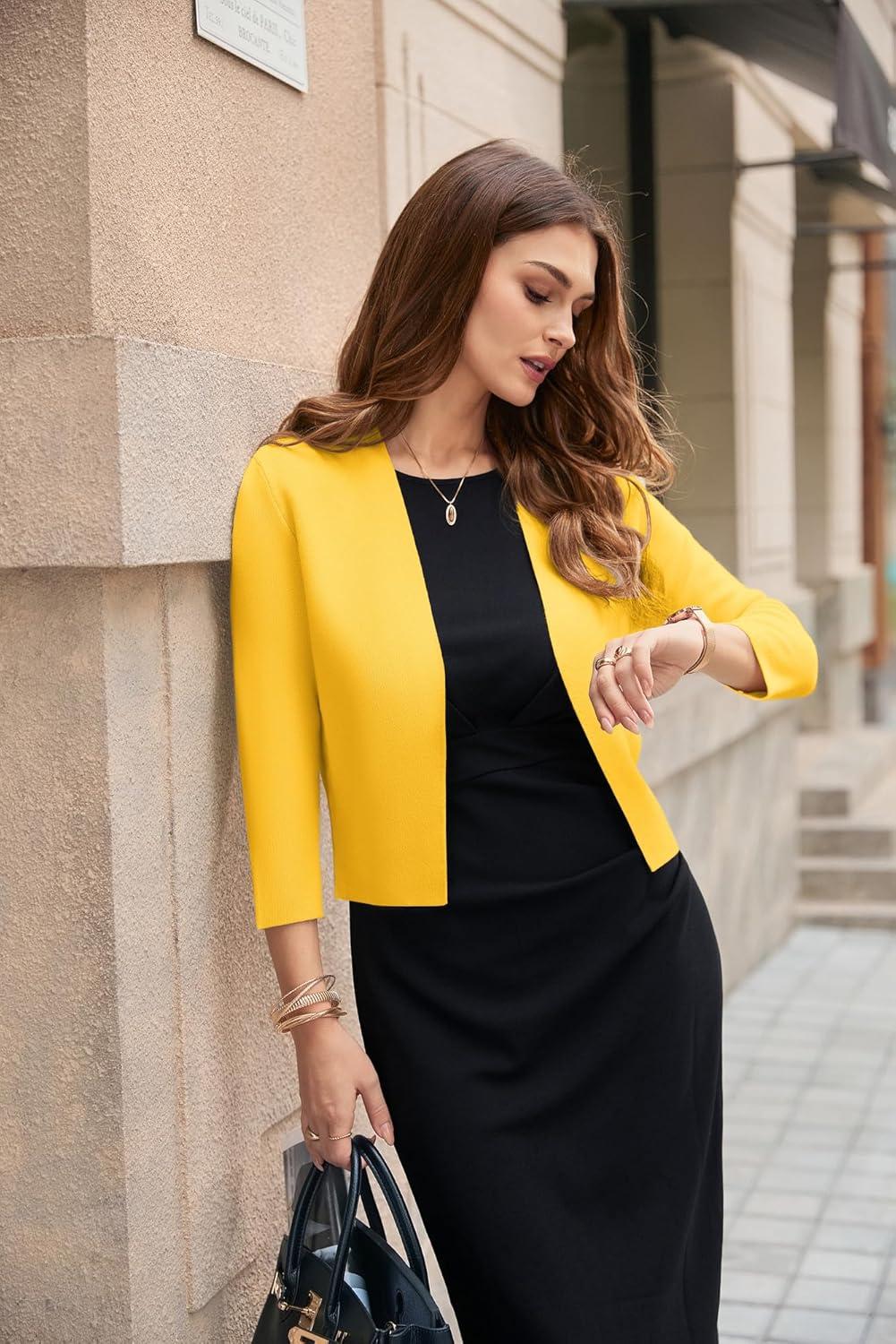 imageGRACE KARIN Womens 34 Sleeve Cropped Cardigan Sweater Lightweight Open Front Dressy Causal Shrug Spring FashionBright Yellow