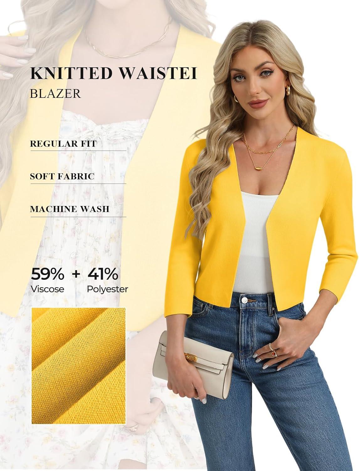 imageGRACE KARIN Womens 34 Sleeve Cropped Cardigan Sweater Lightweight Open Front Dressy Causal Shrug Spring FashionBright Yellow