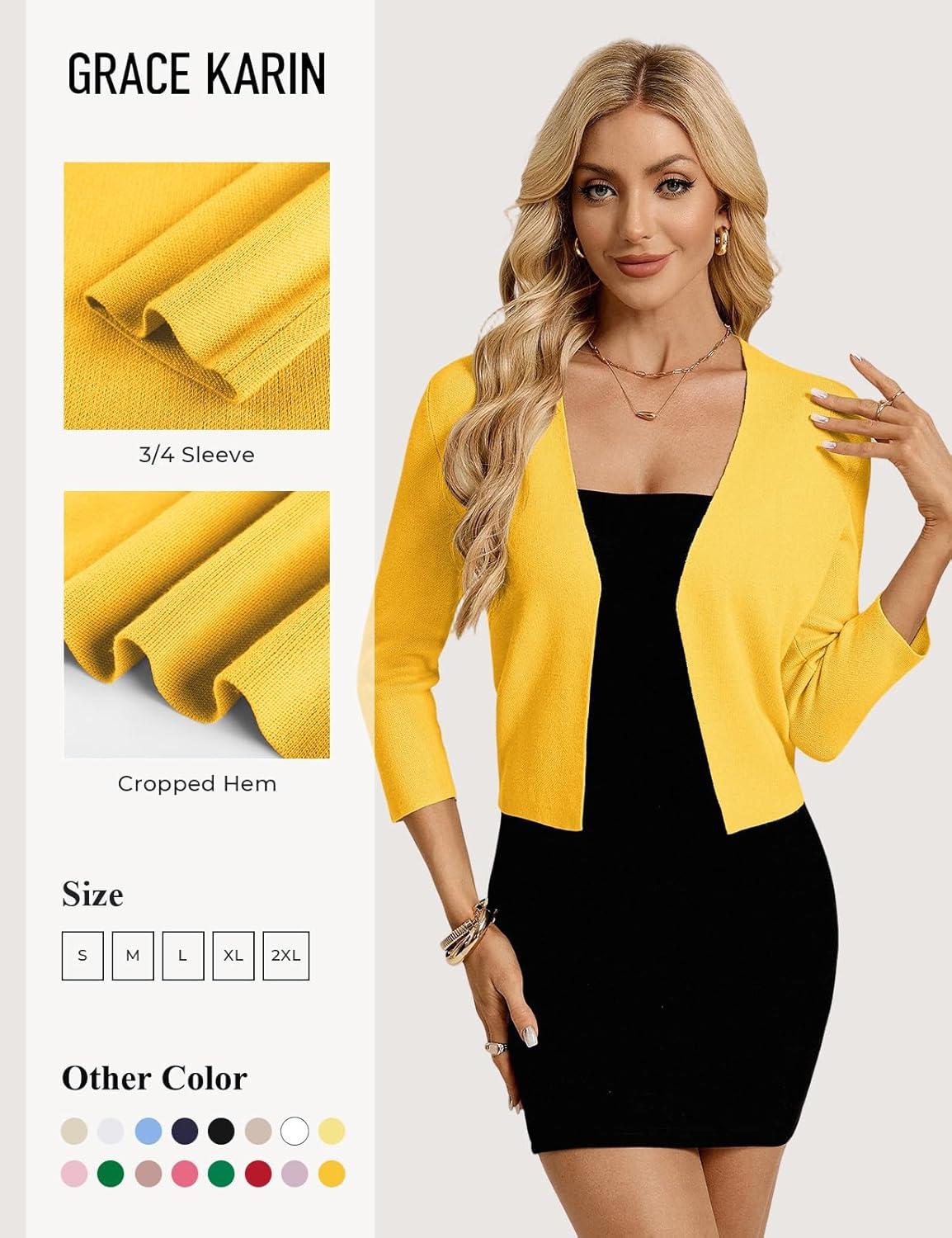 imageGRACE KARIN Womens 34 Sleeve Cropped Cardigan Sweater Lightweight Open Front Dressy Causal Shrug Spring FashionBright Yellow