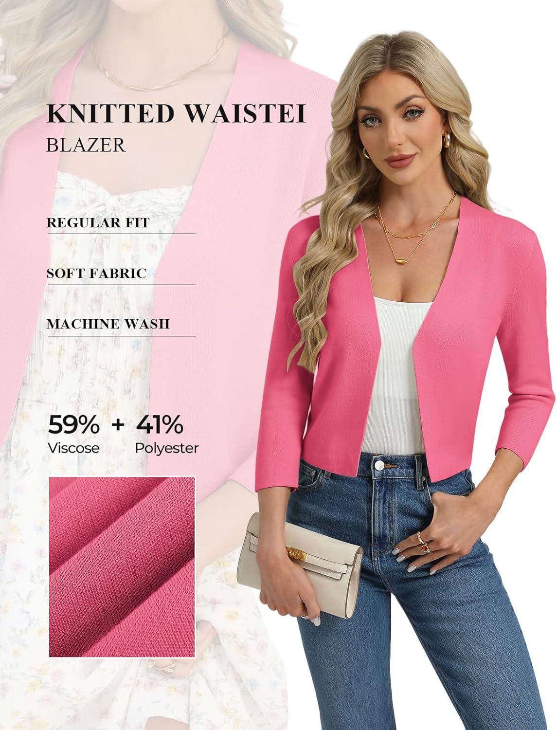 imageGRACE KARIN Womens 34 Sleeve Cropped Cardigan Sweater Lightweight Open Front Dressy Causal Shrug Spring FashionHot Pink