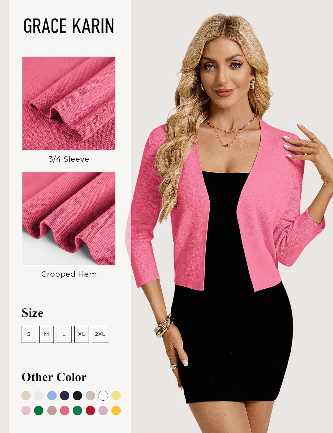 imageGRACE KARIN Womens 34 Sleeve Cropped Cardigan Sweater Lightweight Open Front Dressy Causal Shrug Spring FashionHot Pink