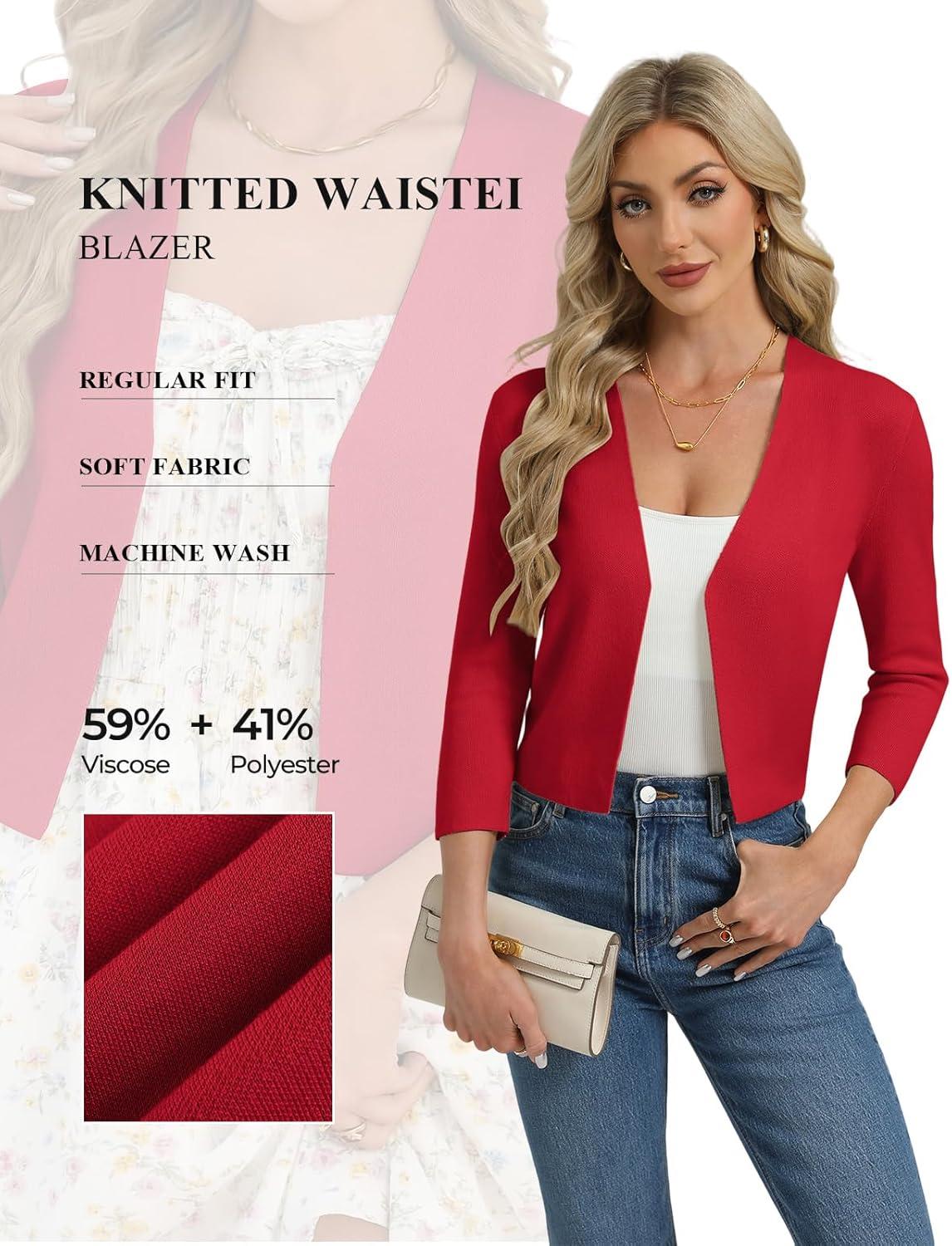 imageGRACE KARIN Womens 34 Sleeve Cropped Cardigan Sweater Lightweight Open Front Dressy Causal Shrug Spring FashionRed
