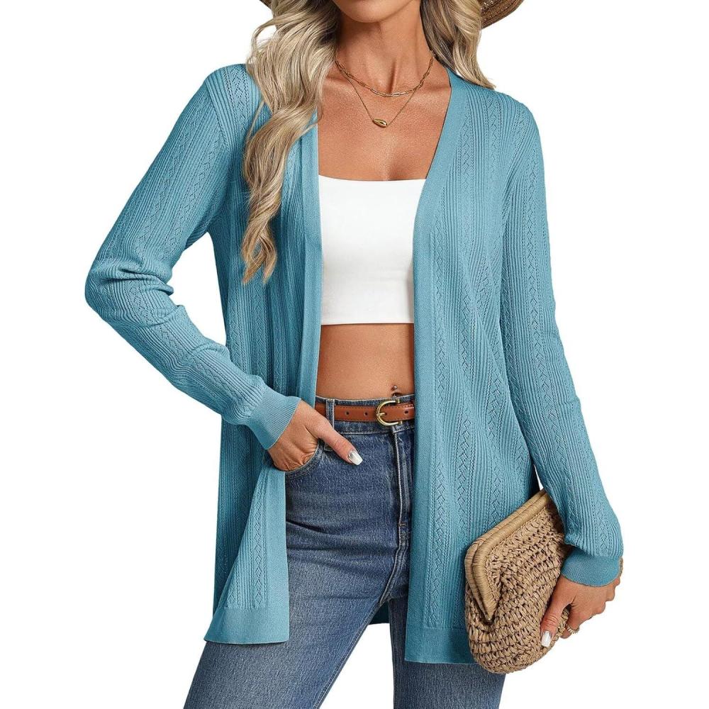 imageGRACE KARIN Womens Long Sleeve Lightweight Cardigans Open Front Crochet Cardigan Trendy 2026 Casual Spring Vacation OutfitsLight Blue