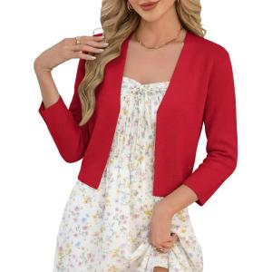 GRACE KARIN Women’s 3/4 Sleeve Cropped Cardigan Sweater Lightweight Open Front Dressy Causal Shrug Spring Fashion(Red)