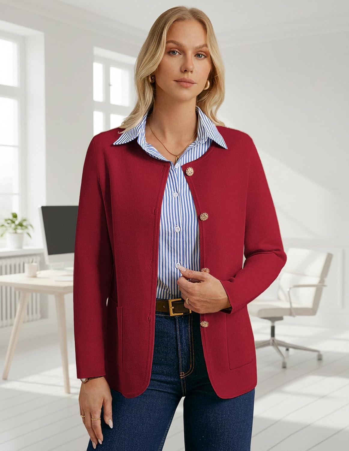 imageGRACE KARIN Sweater Blazers for Women 2025 Casual Button up Cardigan Sweater Open Front Knit Blazer Jacket with PocketsRed