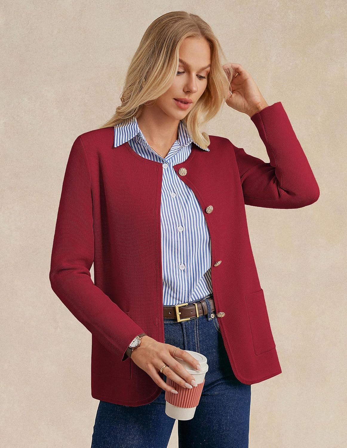 imageGRACE KARIN Sweater Blazers for Women 2025 Casual Button up Cardigan Sweater Open Front Knit Blazer Jacket with PocketsRed