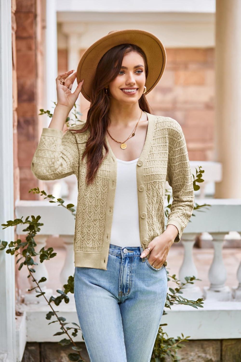 imageGRACE KARIN Women Lightweigt Cardigan 2026 Spring 34 Sleeve Crochet Sweaters Summer Cropped Knit Trendy Shrug TopsButter Yellow