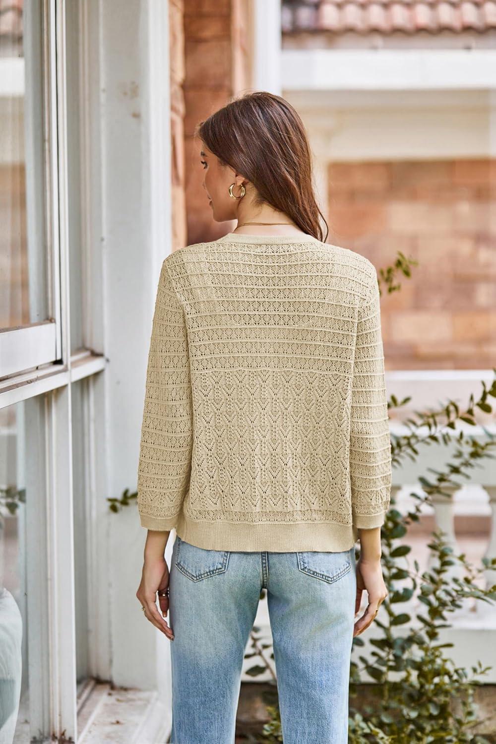 imageGRACE KARIN Women Lightweigt Cardigan 2026 Spring 34 Sleeve Crochet Sweaters Summer Cropped Knit Trendy Shrug TopsButter Yellow