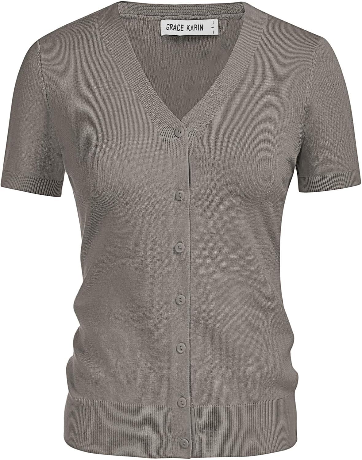 imageGRACE KARIN Womens Short Sleeve Cardigan Sweaters 2026 Summer Lightweight Cropped Cardigan V Neck Casual Clothing TopsCoffee Gray