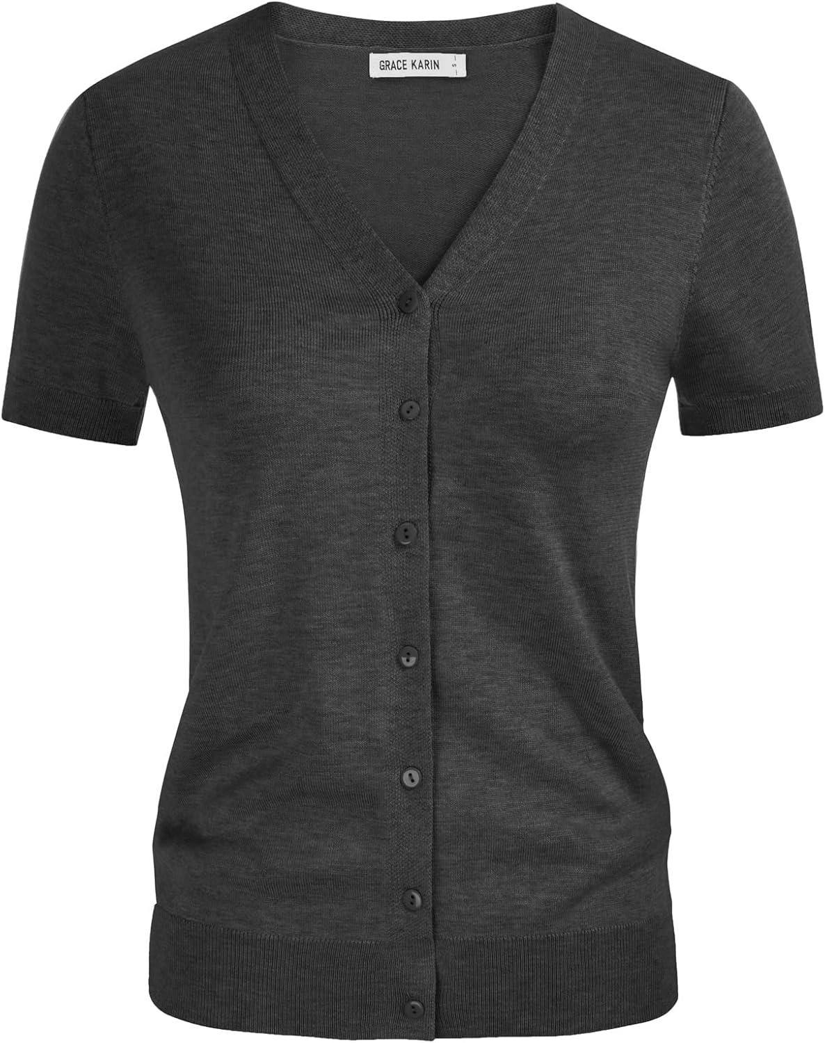 imageGRACE KARIN Womens Short Sleeve Cardigan Sweaters 2026 Summer Lightweight Cropped Cardigan V Neck Casual Clothing TopsDeep Gray
