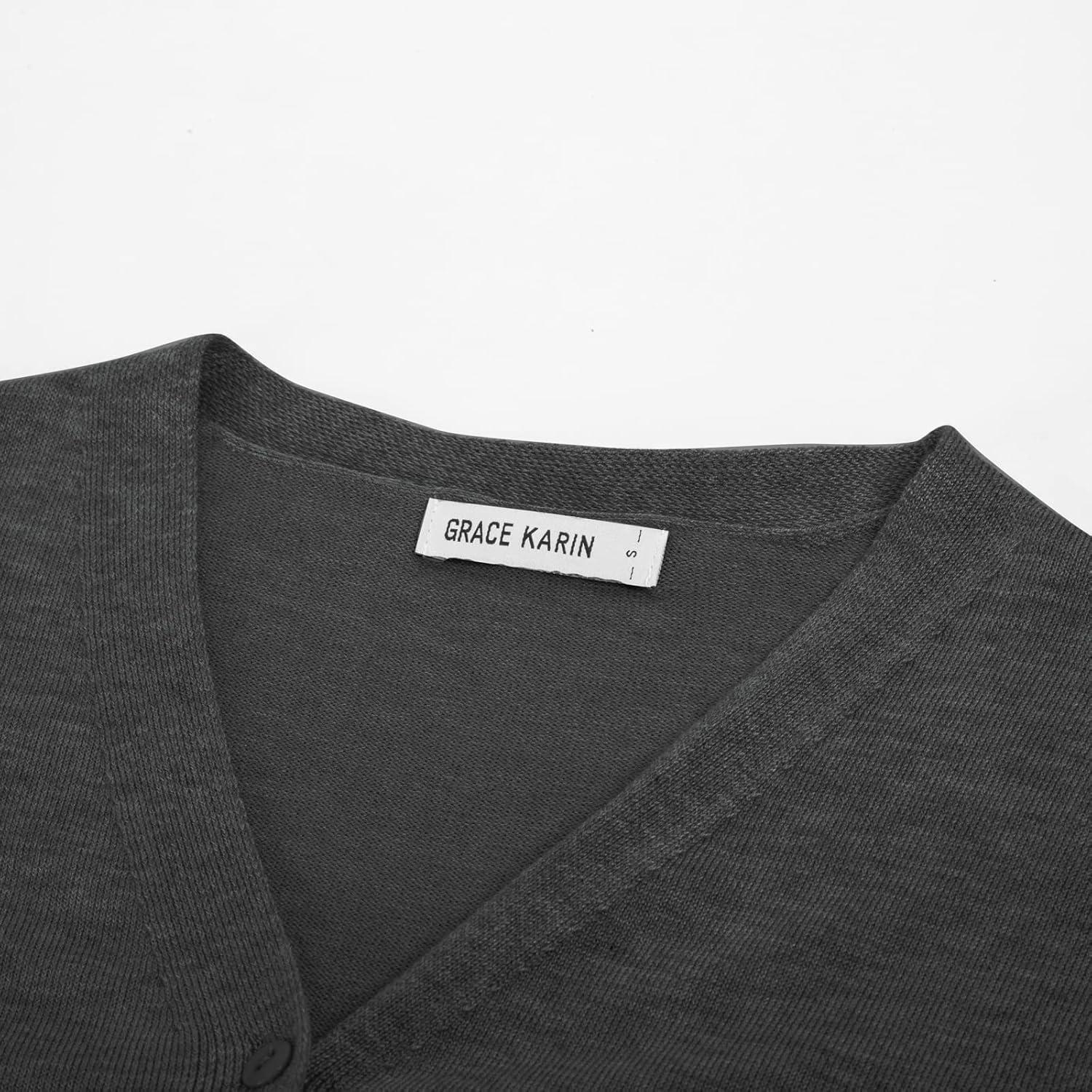 imageGRACE KARIN Womens Short Sleeve Cardigan Sweaters 2026 Summer Lightweight Cropped Cardigan V Neck Casual Clothing TopsDeep Gray