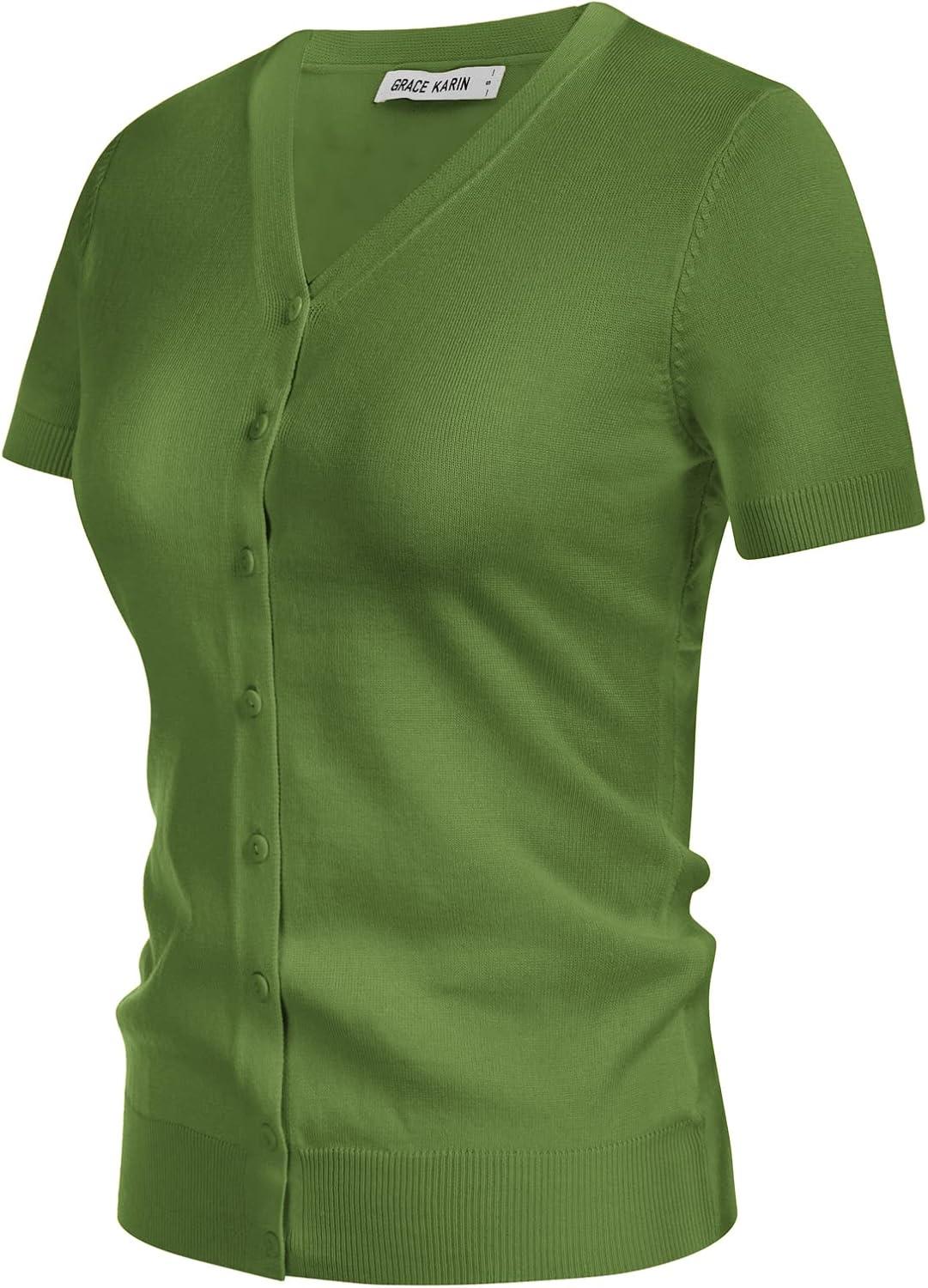 imageGRACE KARIN Womens Short Sleeve Cardigan Sweaters 2026 Summer Lightweight Cropped Cardigan V Neck Casual Clothing TopsLight Green