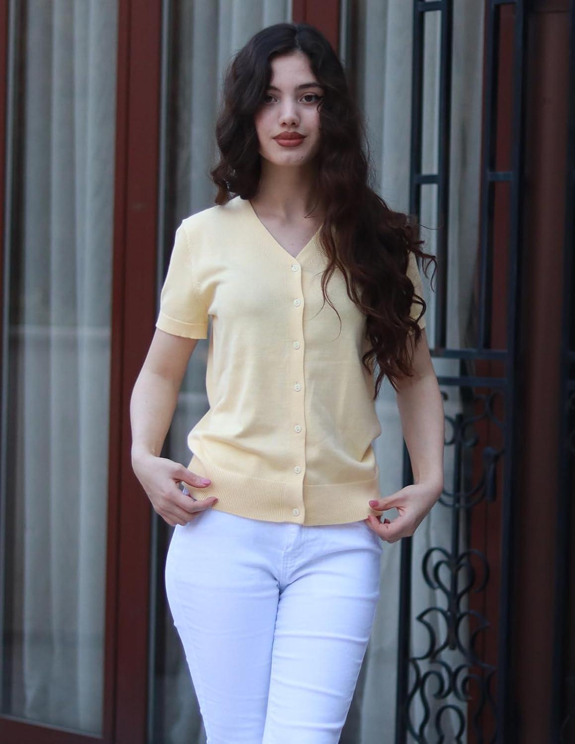 imageGRACE KARIN Womens Short Sleeve Cardigan Sweaters 2026 Summer Lightweight Cropped Cardigan V Neck Casual Clothing TopsLight Yellow