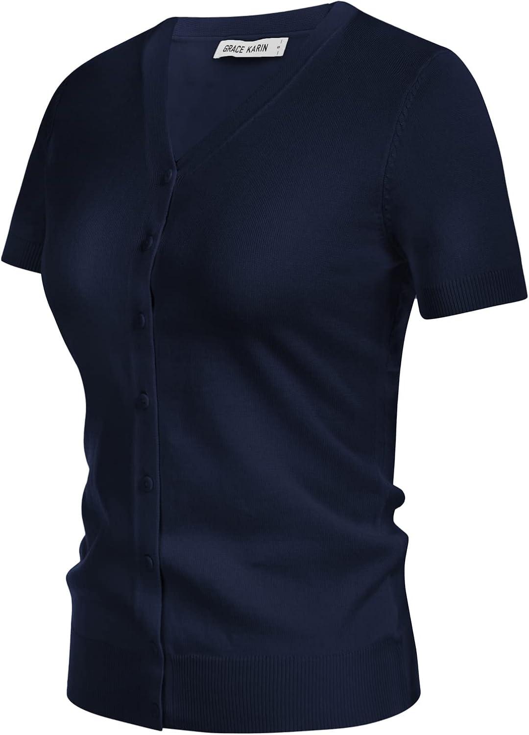 imageGRACE KARIN Womens Short Sleeve Cardigan Sweaters 2026 Summer Lightweight Cropped Cardigan V Neck Casual Clothing TopsNavy Blue