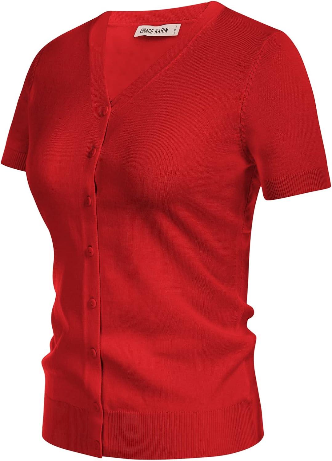 imageGRACE KARIN Womens Short Sleeve Cardigan Sweaters 2026 Summer Lightweight Cropped Cardigan V Neck Casual Clothing TopsRed