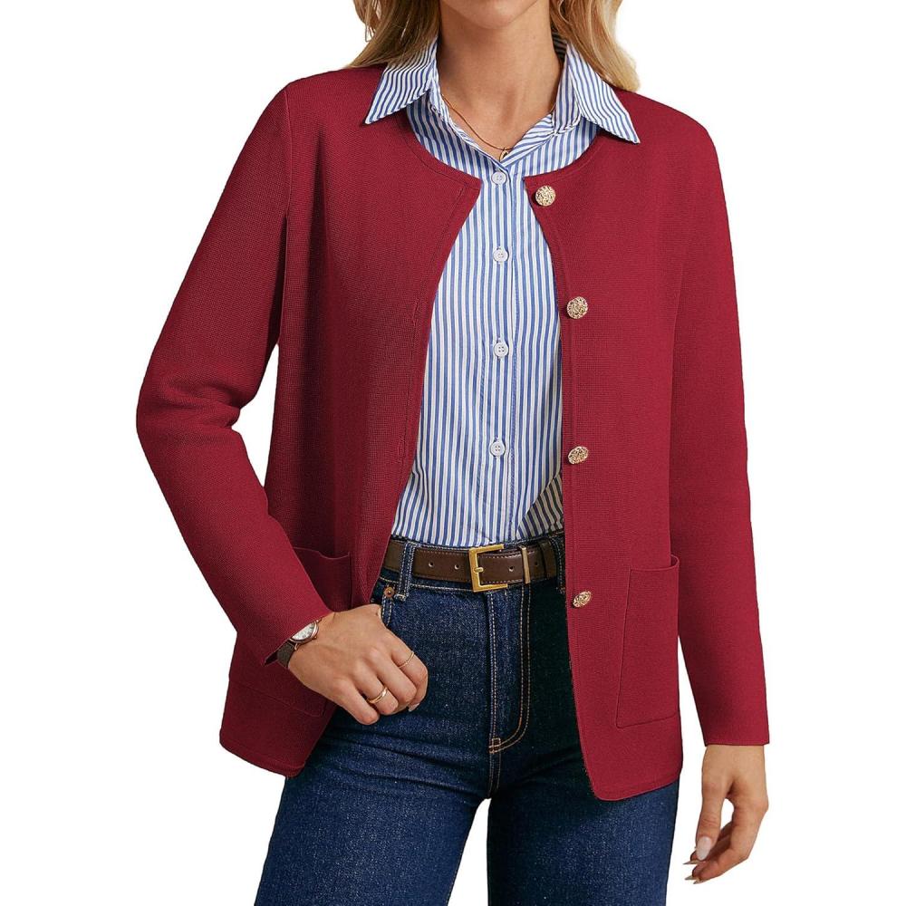 imageGRACE KARIN Sweater Blazers for Women 2025 Casual Button up Cardigan Sweater Open Front Knit Blazer Jacket with PocketsRed