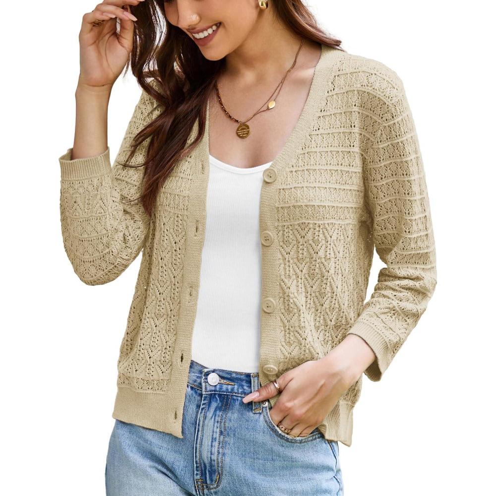 imageGRACE KARIN Women Lightweigt Cardigan 2026 Spring 34 Sleeve Crochet Sweaters Summer Cropped Knit Trendy Shrug TopsButter Yellow