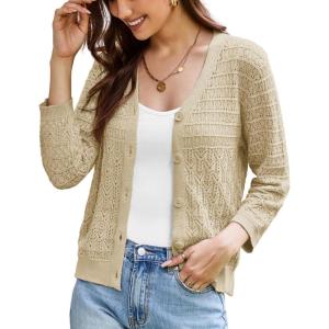 GRACE KARIN Women Lightweigt Cardigan, 2026 Spring 3/4 Sleeve Crochet Sweaters, Summer Cropped Knit Trendy Shrug Tops(Butter Yellow)