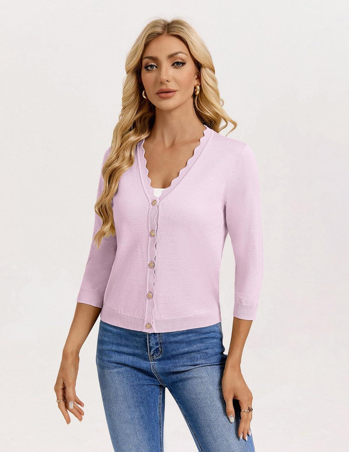 imageGRACE KARIN Womens 34 Sleeve V Neck Button Down Lightweight Cardigan Sweater Open Front Dressy Shrugs Spring FashionLight Purple