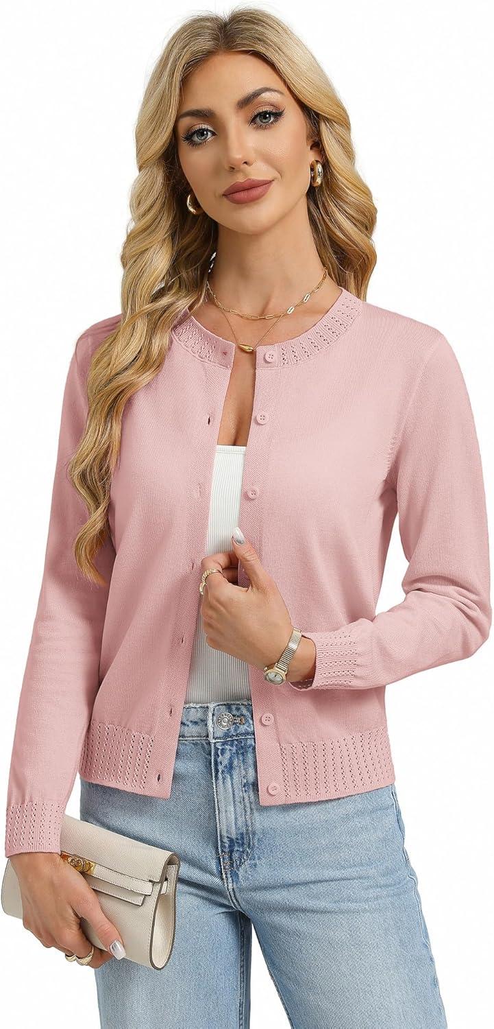 imageGRACE KARIN Womens Cropped Cardigan Sweaters Trendy Lightweight Shrugs Button Up Long Sleeve Knit TopsDusty Pink
