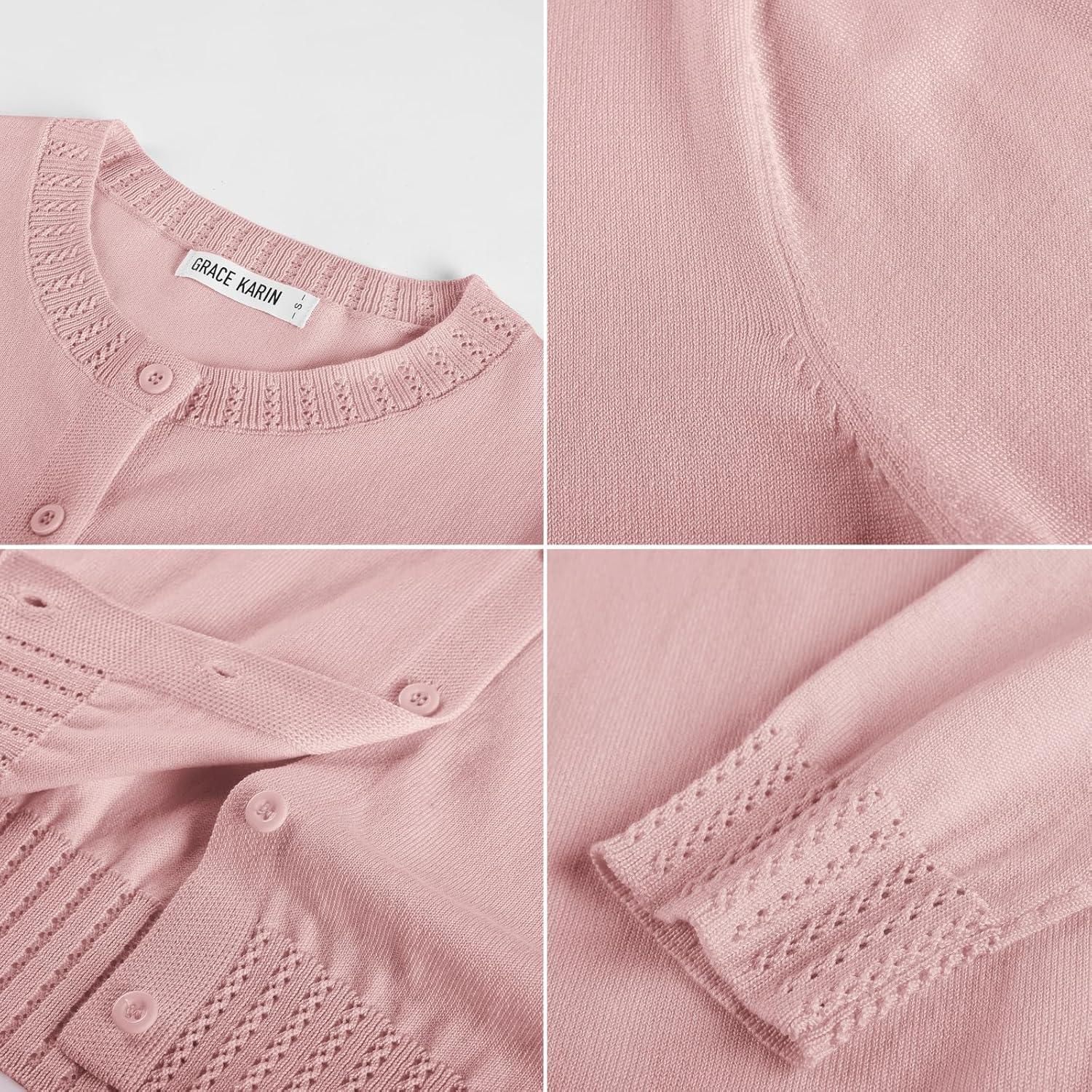 imageGRACE KARIN Womens Cropped Cardigan Sweaters Trendy Lightweight Shrugs Button Up Long Sleeve Knit TopsDusty Pink