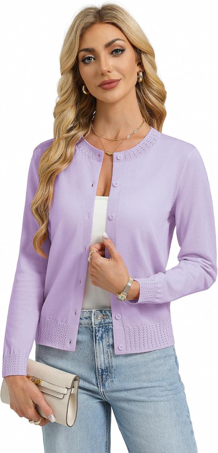 imageGRACE KARIN Womens Cropped Cardigan Sweaters Trendy Lightweight Shrugs Button Up Long Sleeve Knit TopsLight Purple
