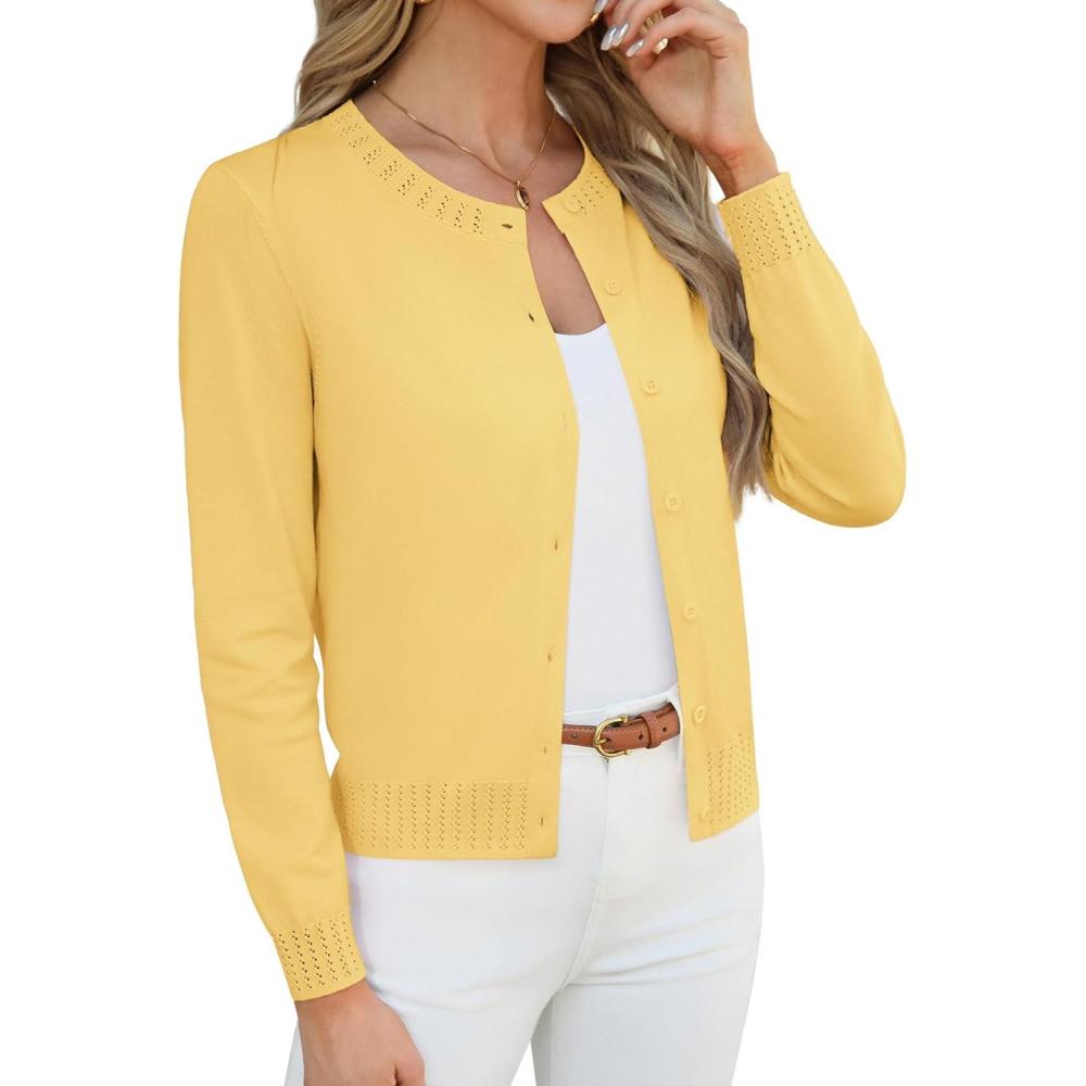 imageGRACE KARIN Womens Cropped Cardigan Sweaters Trendy Lightweight Shrugs Button Up Long Sleeve Knit TopsYellow