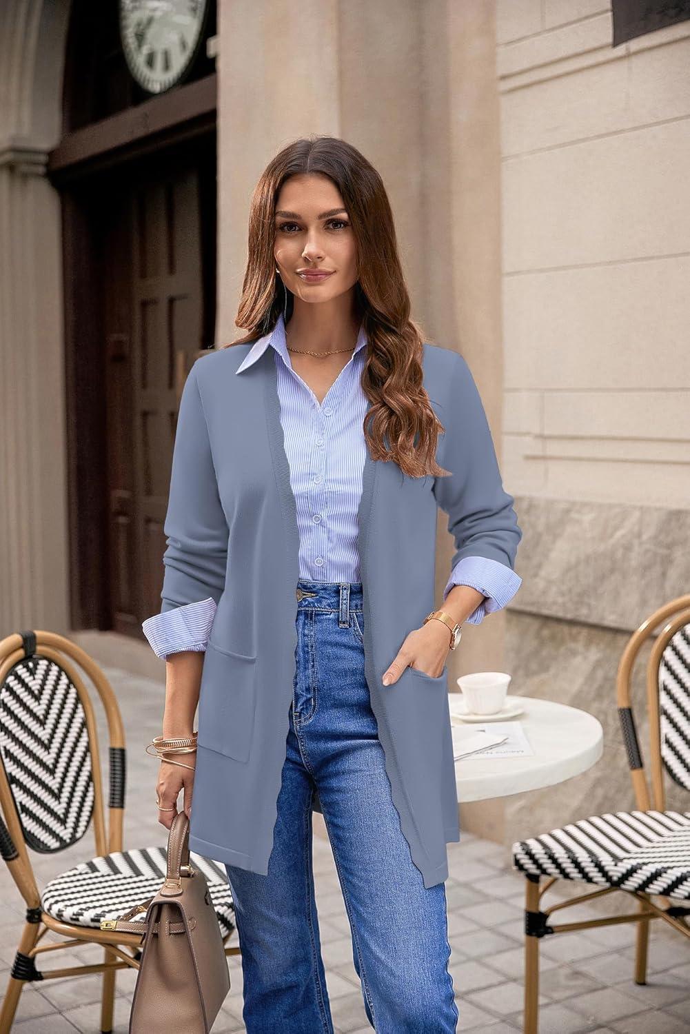 imageGRACE KARIN Womens Long Cardigans Trendy Lightweight Knit Blazer Casual Open Front Spring Sweaters with PocketsGrey Blue