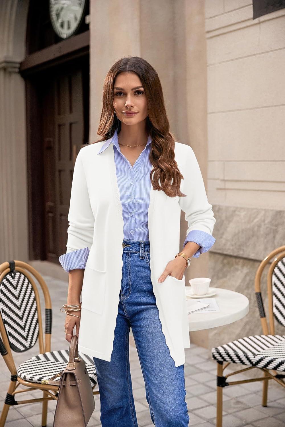 imageGRACE KARIN Womens Long Cardigans Trendy Lightweight Knit Blazer Casual Open Front Spring Sweaters with PocketsIvory White