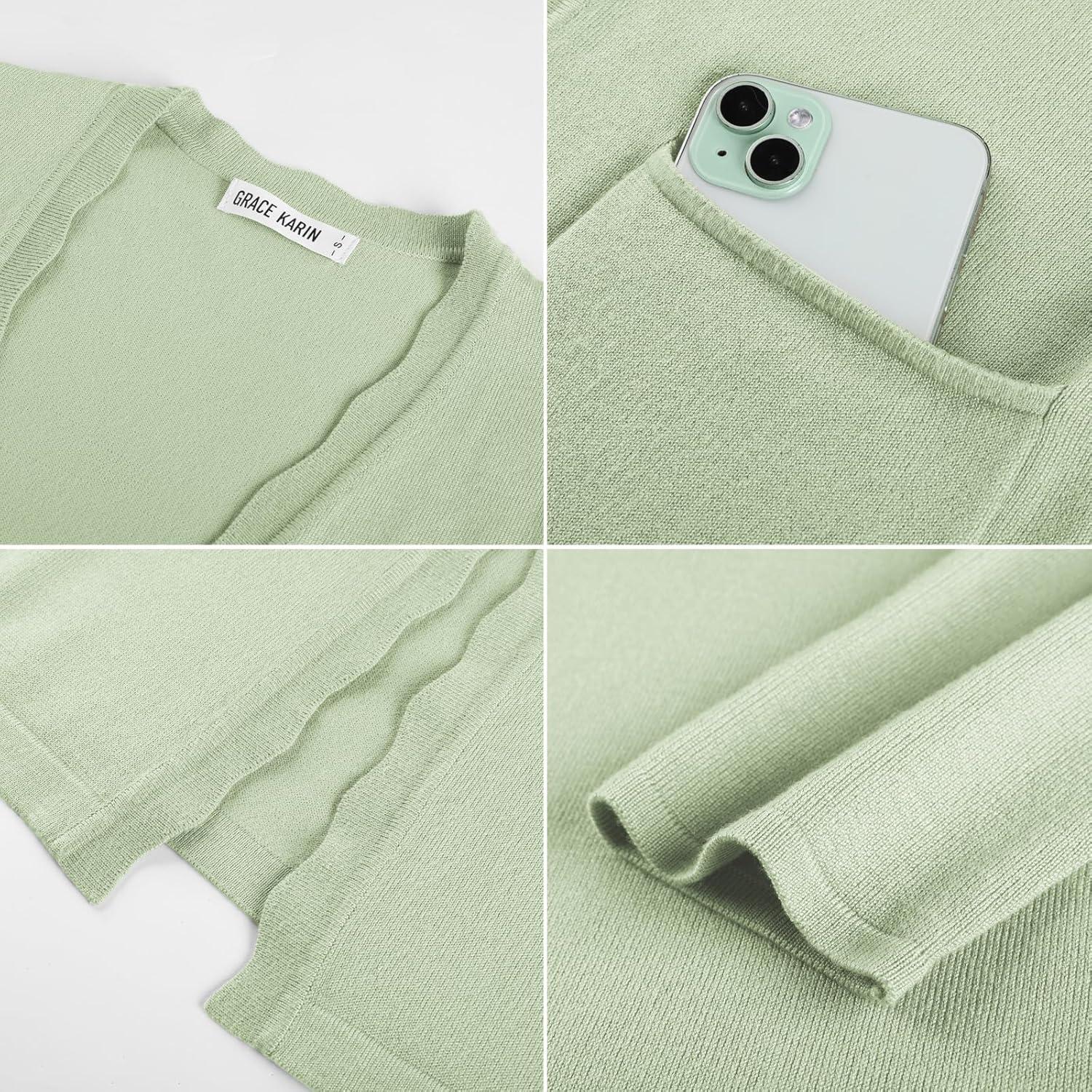imageGRACE KARIN Womens Long Cardigans Trendy Lightweight Knit Blazer Casual Open Front Spring Sweaters with PocketsLight Green