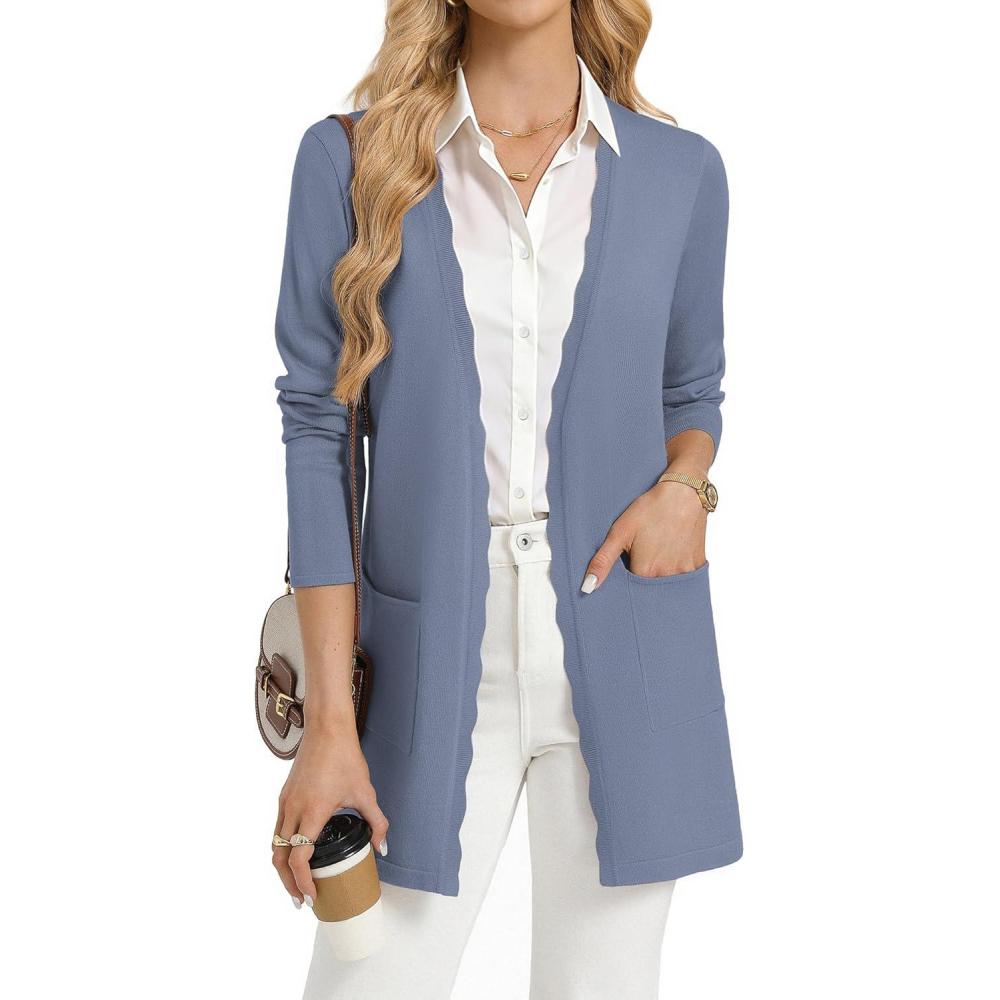 imageGRACE KARIN Womens Long Cardigans Trendy Lightweight Knit Blazer Casual Open Front Spring Sweaters with PocketsGrey Blue