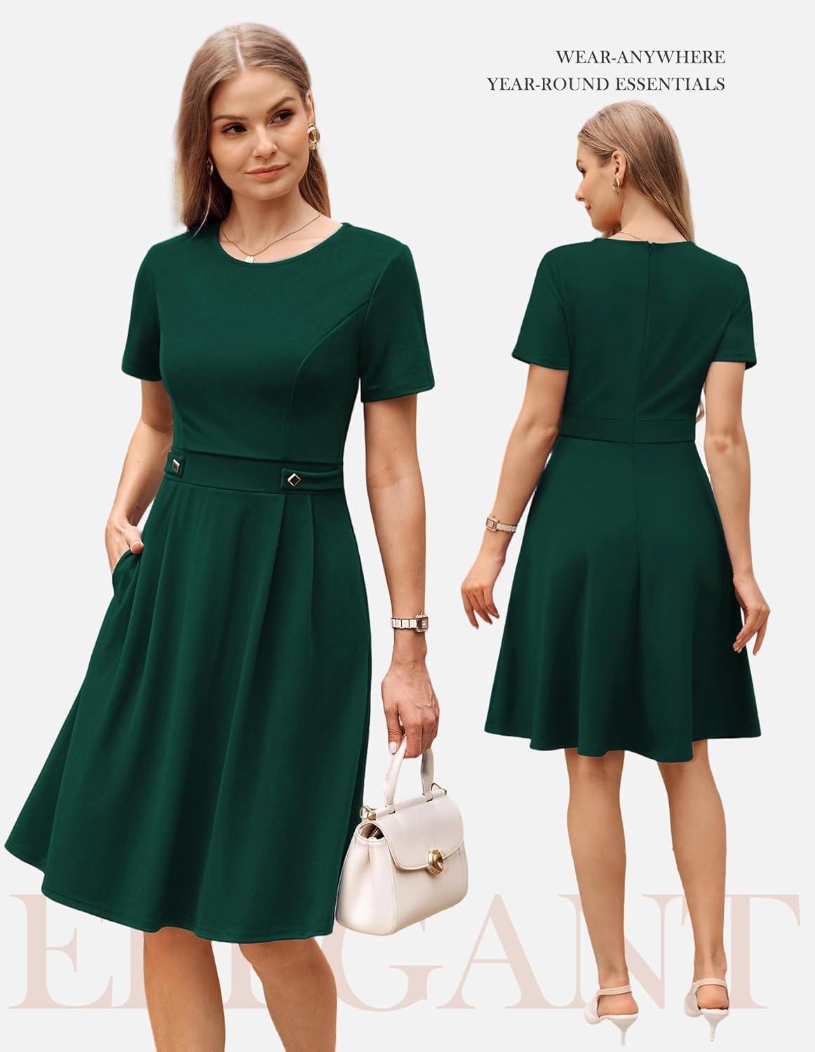 imageGRACE KARIN Church Dresses for Women 2026 Short Sleeve A Line Work Dresses Fit and Flare Dress with PocketsDark Green
