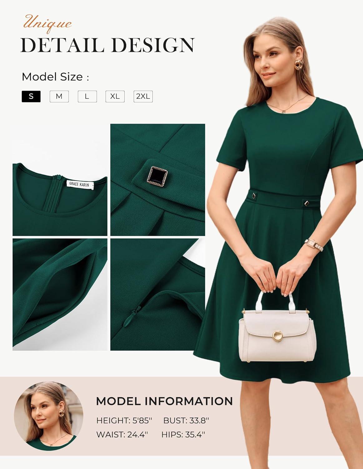 imageGRACE KARIN Church Dresses for Women 2026 Short Sleeve A Line Work Dresses Fit and Flare Dress with PocketsDark Green