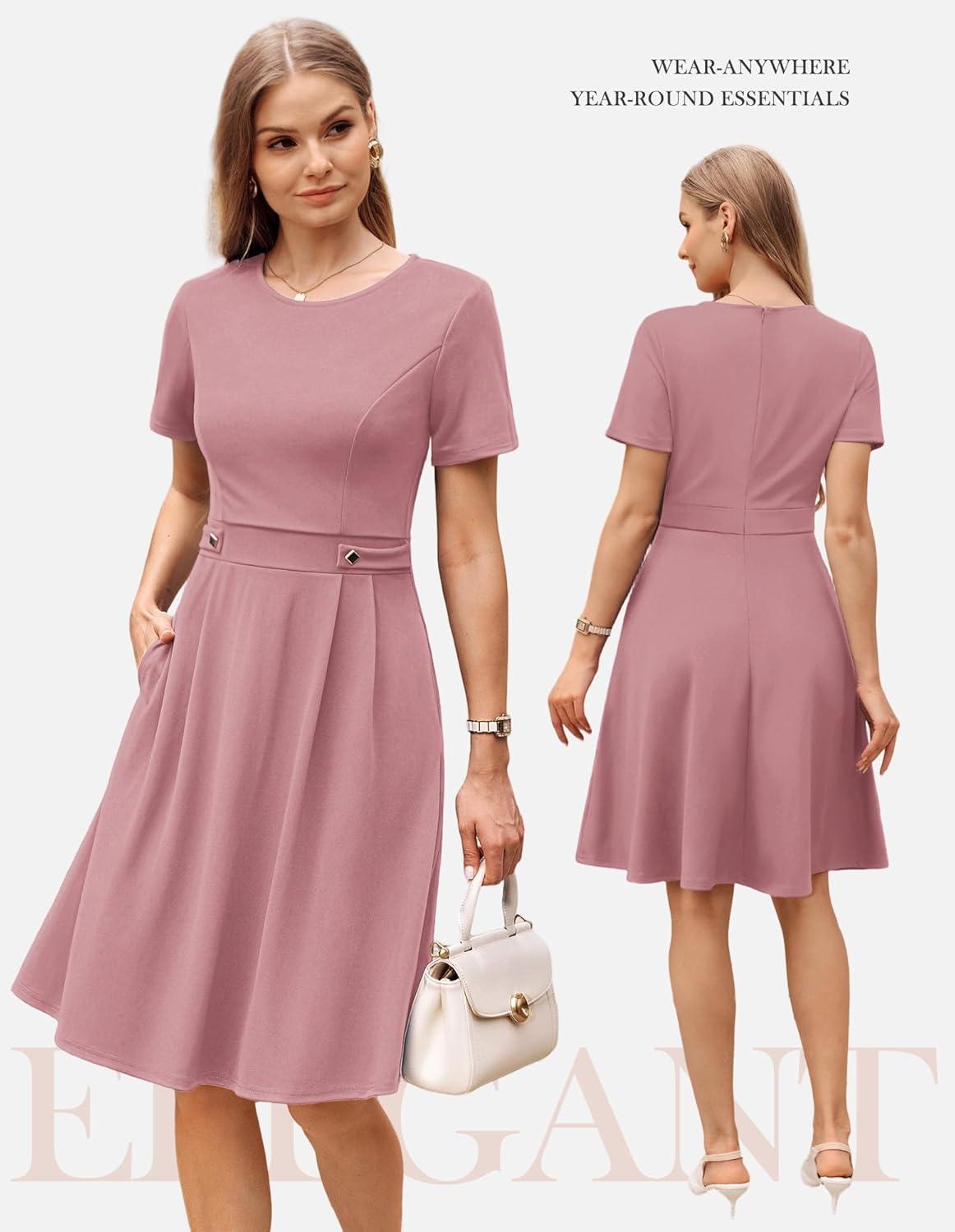 imageGRACE KARIN Church Dresses for Women 2026 Short Sleeve A Line Work Dresses Fit and Flare Dress with PocketsGray Pink