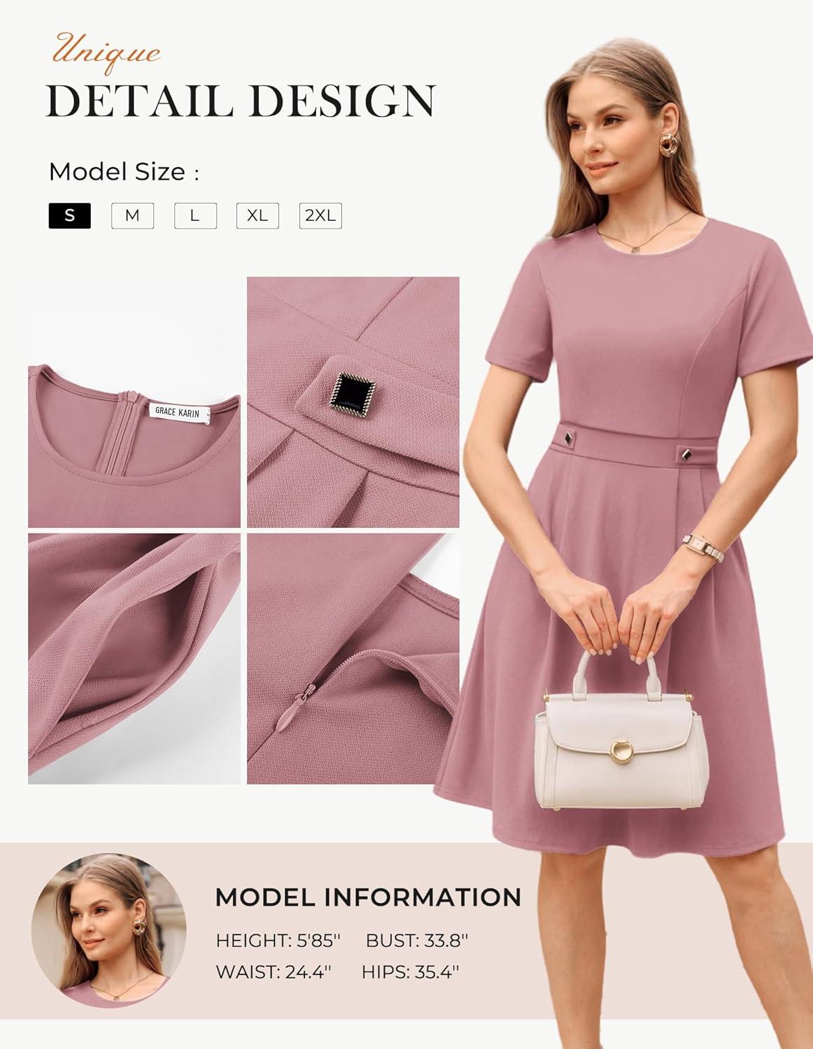 imageGRACE KARIN Church Dresses for Women 2026 Short Sleeve A Line Work Dresses Fit and Flare Dress with PocketsGray Pink